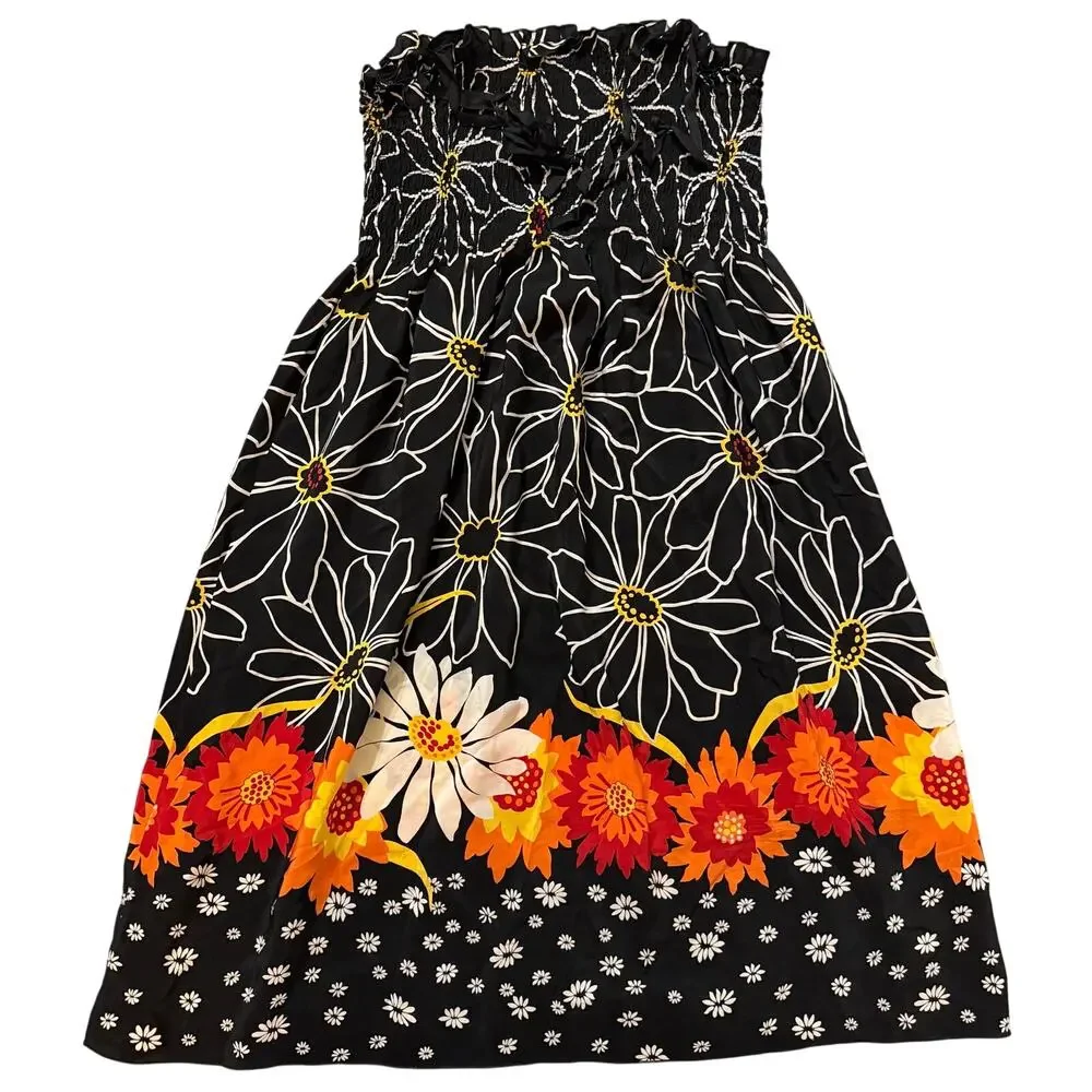 Anna Sui Anthropologie Silk Tie Straps Floral Dress Small S Black Smocked - Picture 3 of 13